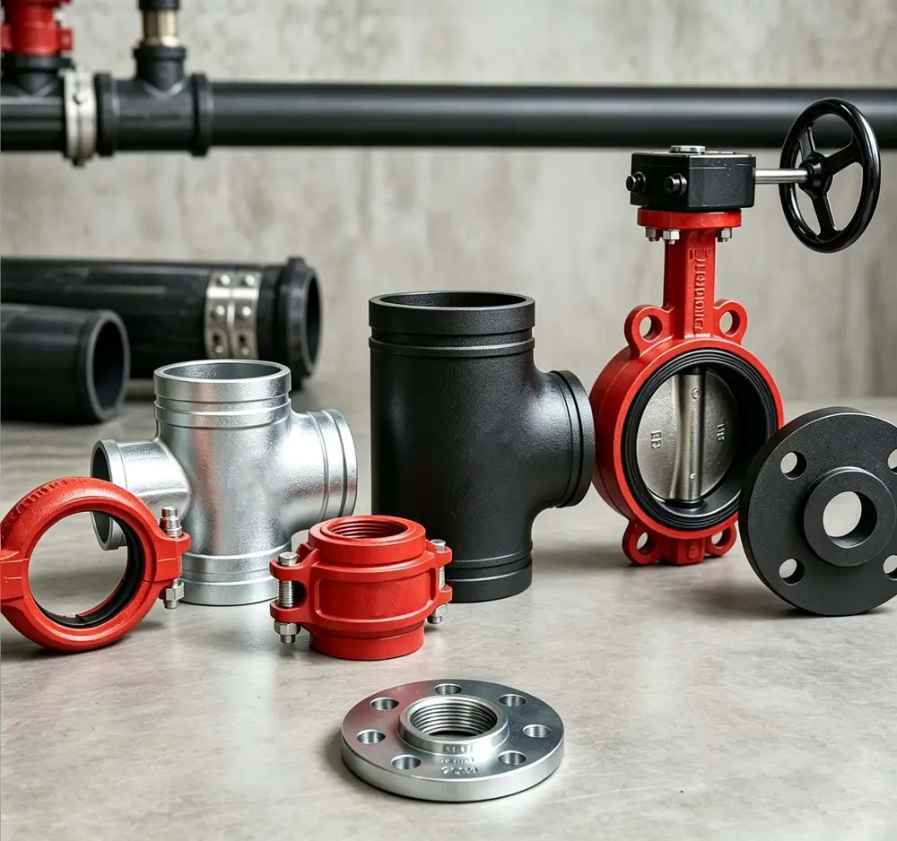 fire-sprinkler-system-components-elbow-tee-flange-valve.